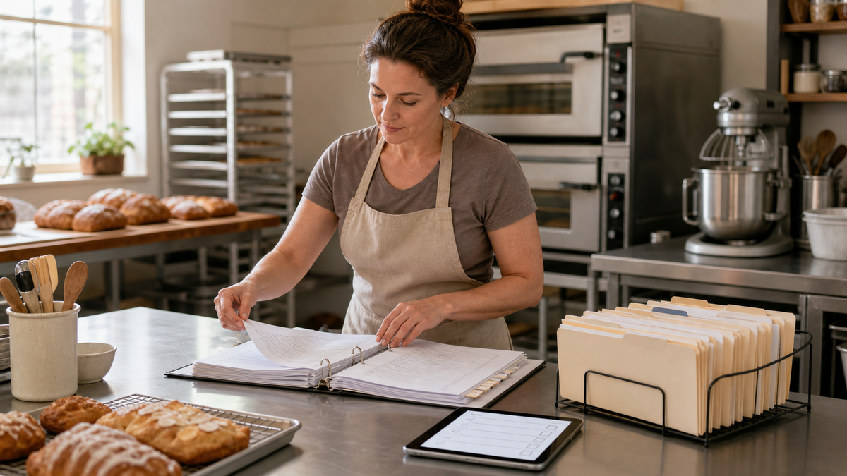 Bakery exit planning records Bakery owner organizing operational records before an exit planning review