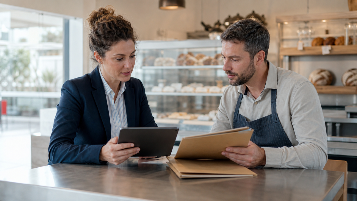 Bakery owner and prospective buyer reviewing transition records at a bakery counter