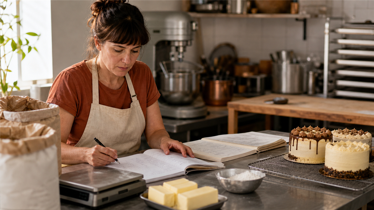 Bakery menu pricing review Independent bakery owner reviewing ingredient costs and order notes at a preparation counter
