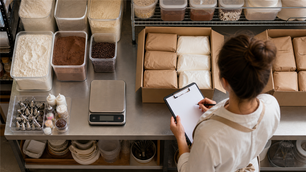 Organized bakery ingredient inventory with a scale and supply boxes