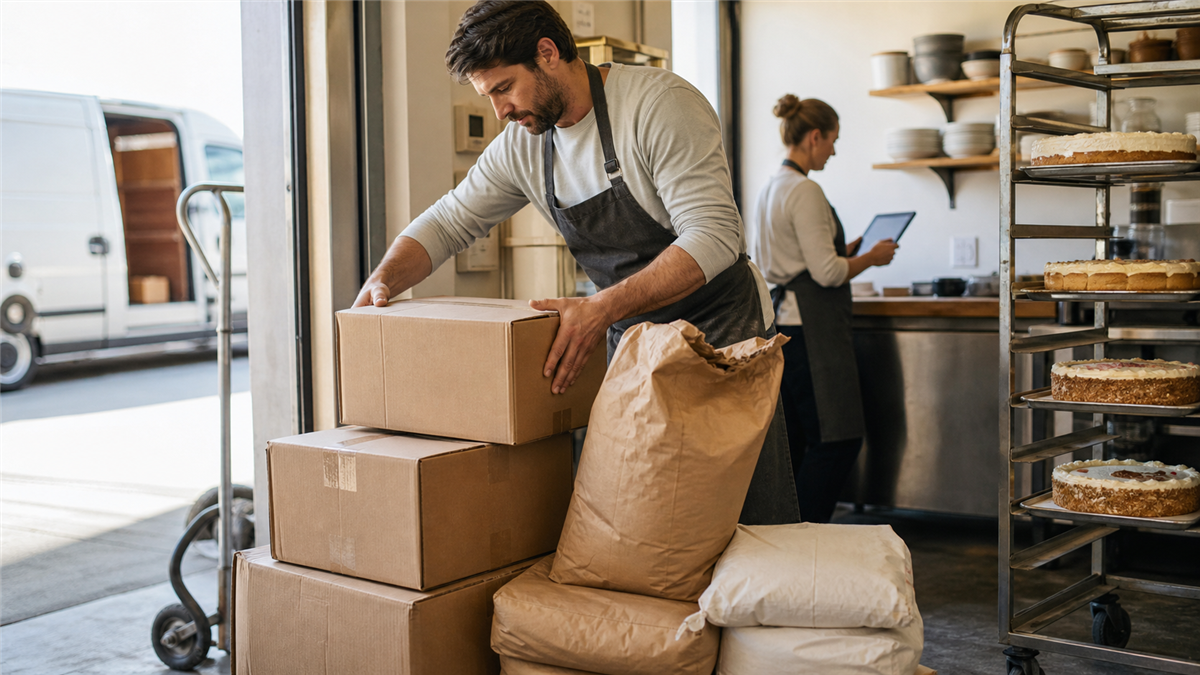 Bakery staff receiving unbranded ingredient deliveries in a working kitchen