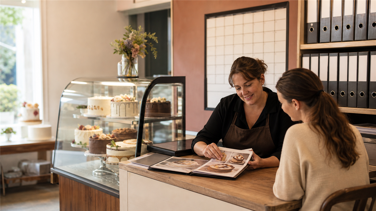 Custom bakery client consultation Custom bakery owner reviewing cake options with a customer at a consultation counter