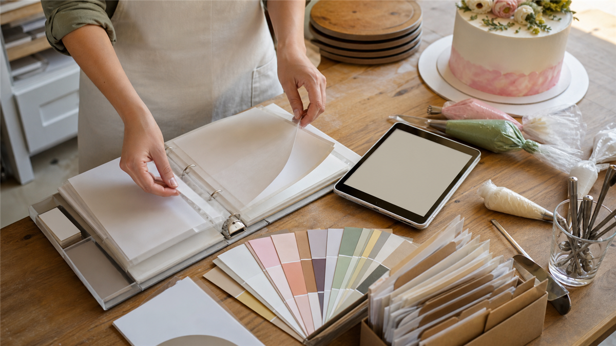 Bakery order binder and color samples arranged on a worktable