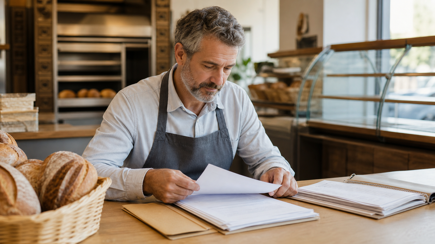 Independent bakery owner reviewing confidential sale records