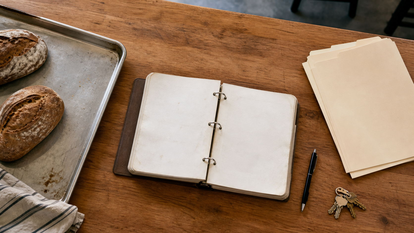 Bakery recipe binder and organized transition records on a worktable